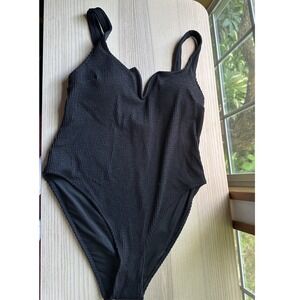 H&M Black Ribbed V-Neck One Piece Swimsuit High Cut Monokini Size M Bathing Suit